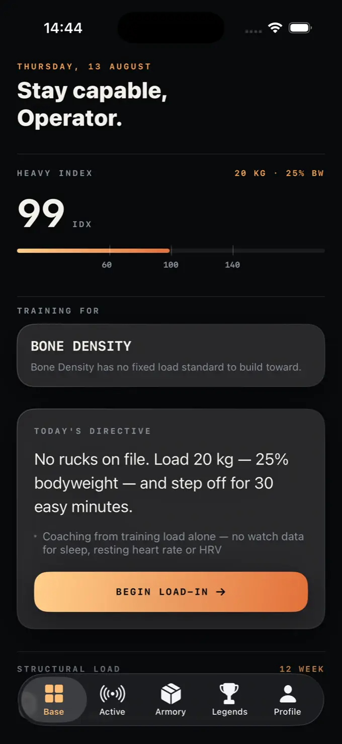 HEAVY running on iPhone. Today's directive reads: no rucks on file, load 20 kg — 25% bodyweight — and step off for 30 easy minutes.